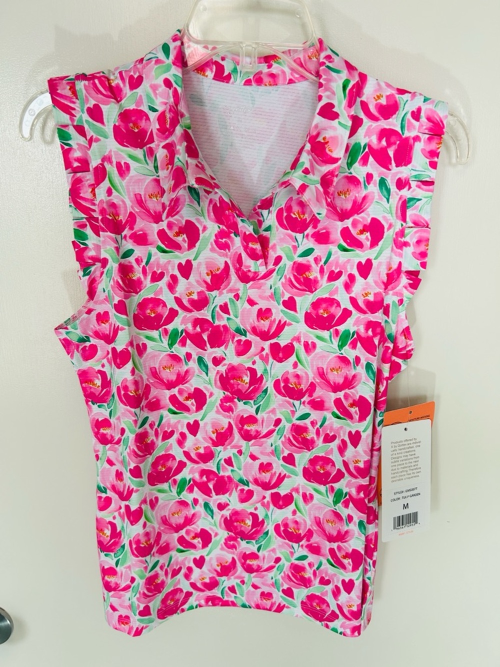 Gottex Pink and Green Tulip Floral Garden Sleeveless V-Neck Golf / Tennis Top, S